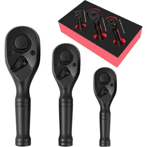 3- Stubby Ratchet Set 1/4" 3/8" 1/2" Drive, 72- Black Finish, Quick Release & Reversible, CR-MO Steel with Non-Slip Grip for Tight Spaces, Includes EVA Case, Automotive DIY Tools