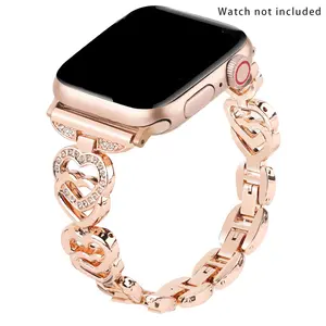 Bling Heart Band for Apple Watch Series 1-11/SE, Stainless Steel Rhinestone Thin Strap, Fits 38-49mm Models, Elegant Dressy Design