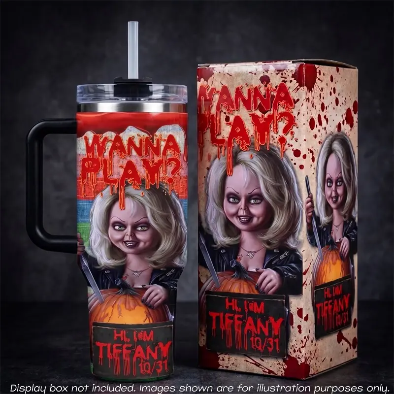 Tiffany Valentine Bride Of Chucky Tumbler 40oz With Handle Straw, Wanna Play Hi I'm Tiffany 10/31 Halloween Horror Movie Tumblers, Gift For Fan Child's Play, Bloody Spooky Pumpkin Stainless Steel Travel Mug Gift For Horror Fans
