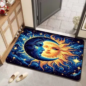 Mystical Astrology Entrance Rug, Blue Moon Face & Cloud Print Non-Slip Mat, Durable Anti-Skid Absorbent Floor Pad
