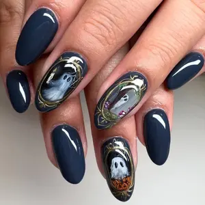 Handpainted Halloween Press On Nails | Dark Navy Spooky Press Ons | Haunted Frame Ghost Nail Set | Elegant Gothic Nail Design
