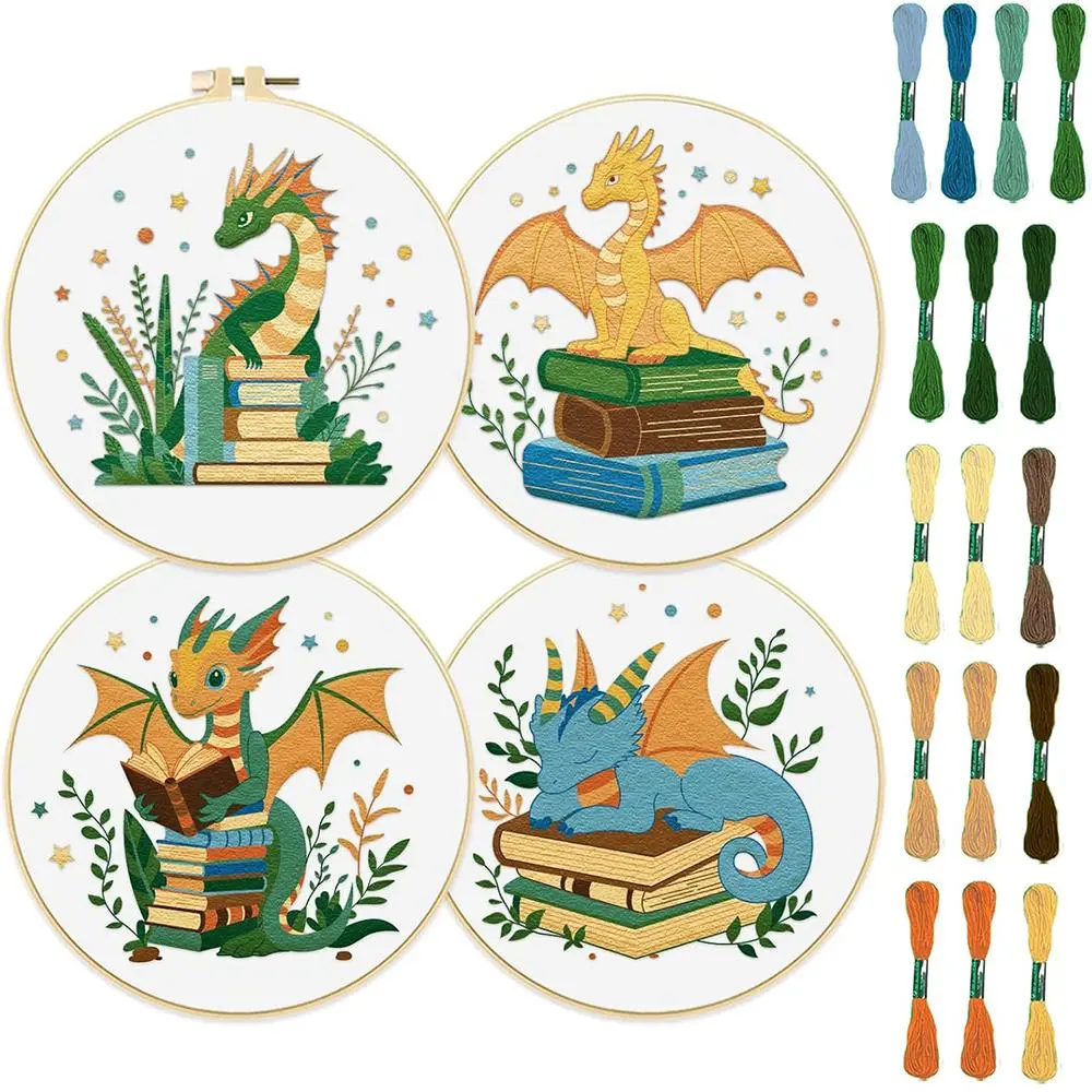 Cartoon Dragon & Book Pattern Embroidery Design Kit, 4 Counts/set DIY Embroidery Fabric with Embroidery Hoop & Instructions & Accessories, Embroidery Thread, Embroidery Craft, DIY Kits