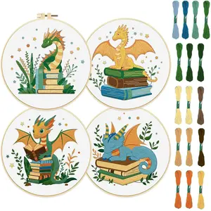 Cartoon Dragon & Book Pattern Embroidery Design Kit, 4 Counts/set DIY Embroidery Fabric with Embroidery Hoop & Instructions & Accessories, Embroidery Thread