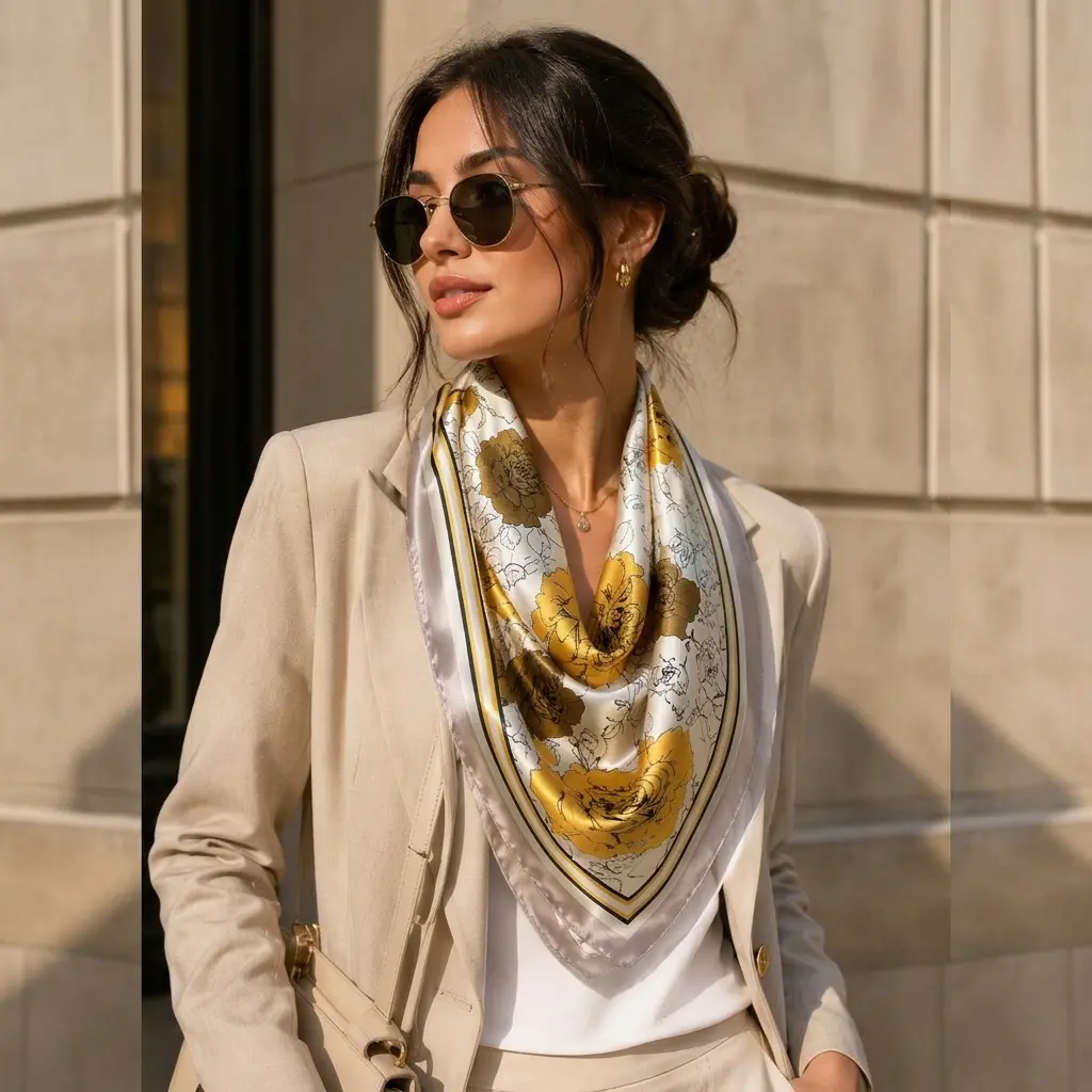 Women's Floral Satin Silk Feel Square Scarf – Soft Lightweight Head Neck Hair Wrap, Beige & Mustard Rose Print