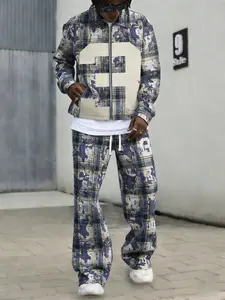 Men's 2-Piece Plaid Tracksuit, Oversized Zip-Up Jacket & Loose-Fit Pants, Camo Plaid Print, Casual Streetwear for Daily Wear