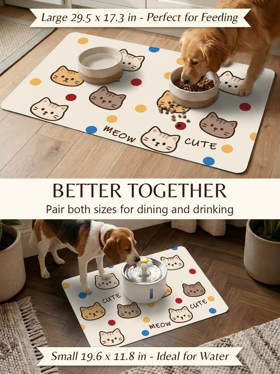 furrybaby Cute Cartoon Face Waterproof Leather Dog & Cat Placemat, Small/Medium Pet Placemats for Easy Clean Meals, Mess Proof Multicolor Feeding Accessory