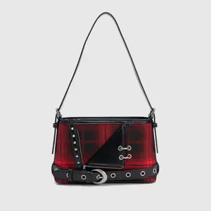 URBAN REVIVO 2026 Spring New Women's Punk Plaid Print Casual Crossbody Messenger Bag - Chain Strap, Textile Shell, Underarm Carry Option, Model UAYB50008, Casual Crossbody Bag