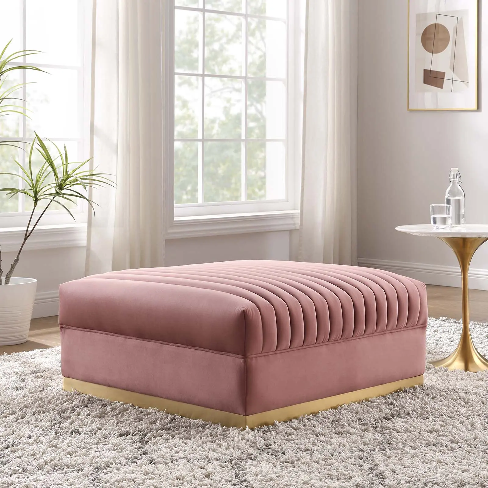 Modway Sanguine Channel Tufted Performance Velvet Modular Sectional Sofa Ottoman in Dusty Rose