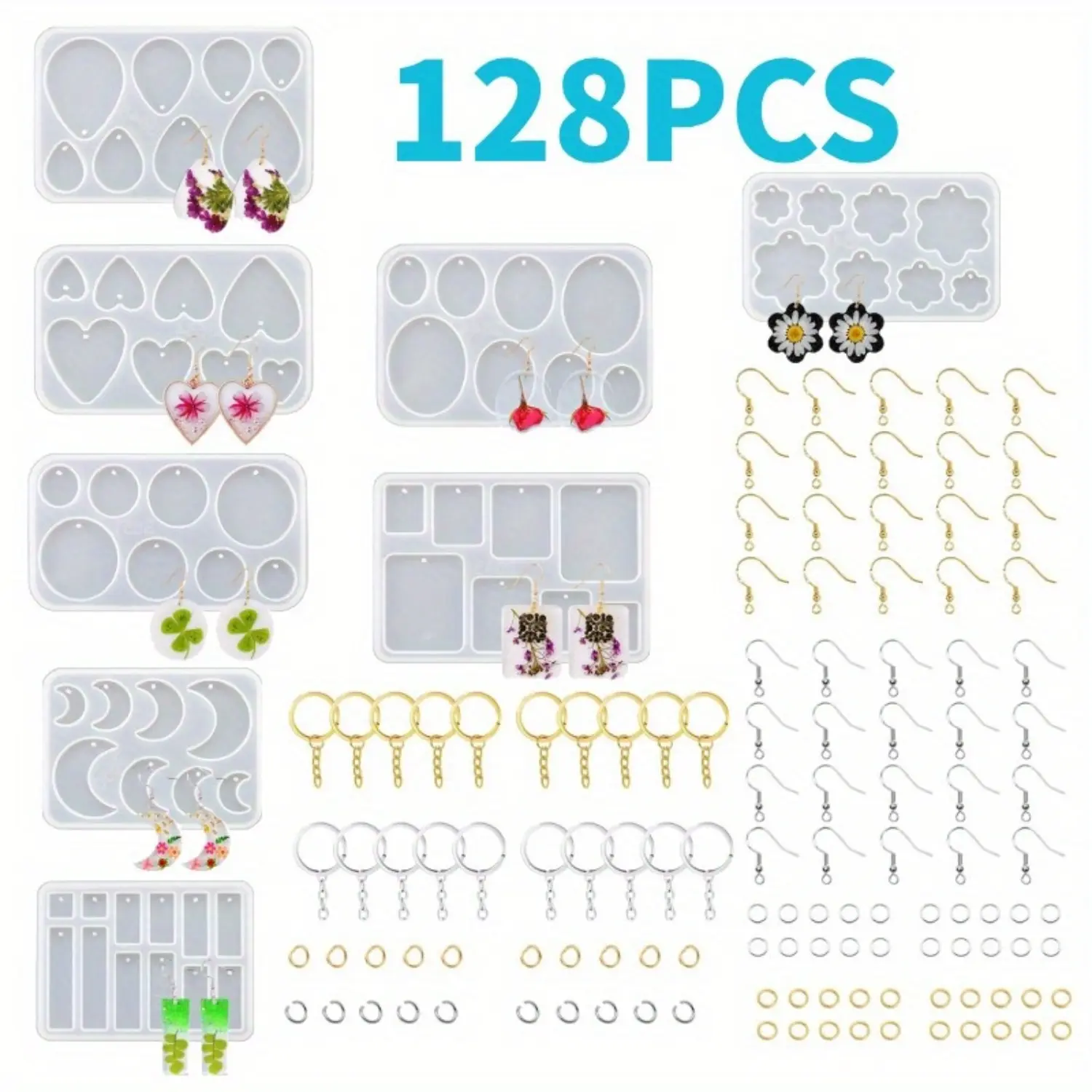 128 Pcs Durable Resin Jewelry Molds Set for DIY Jewelry Making, UV Earring Molds with Holes, Epoxy Keychain & Necklace Pendant Kit Bundle (Home & Party Supplies, Gifts for Women)