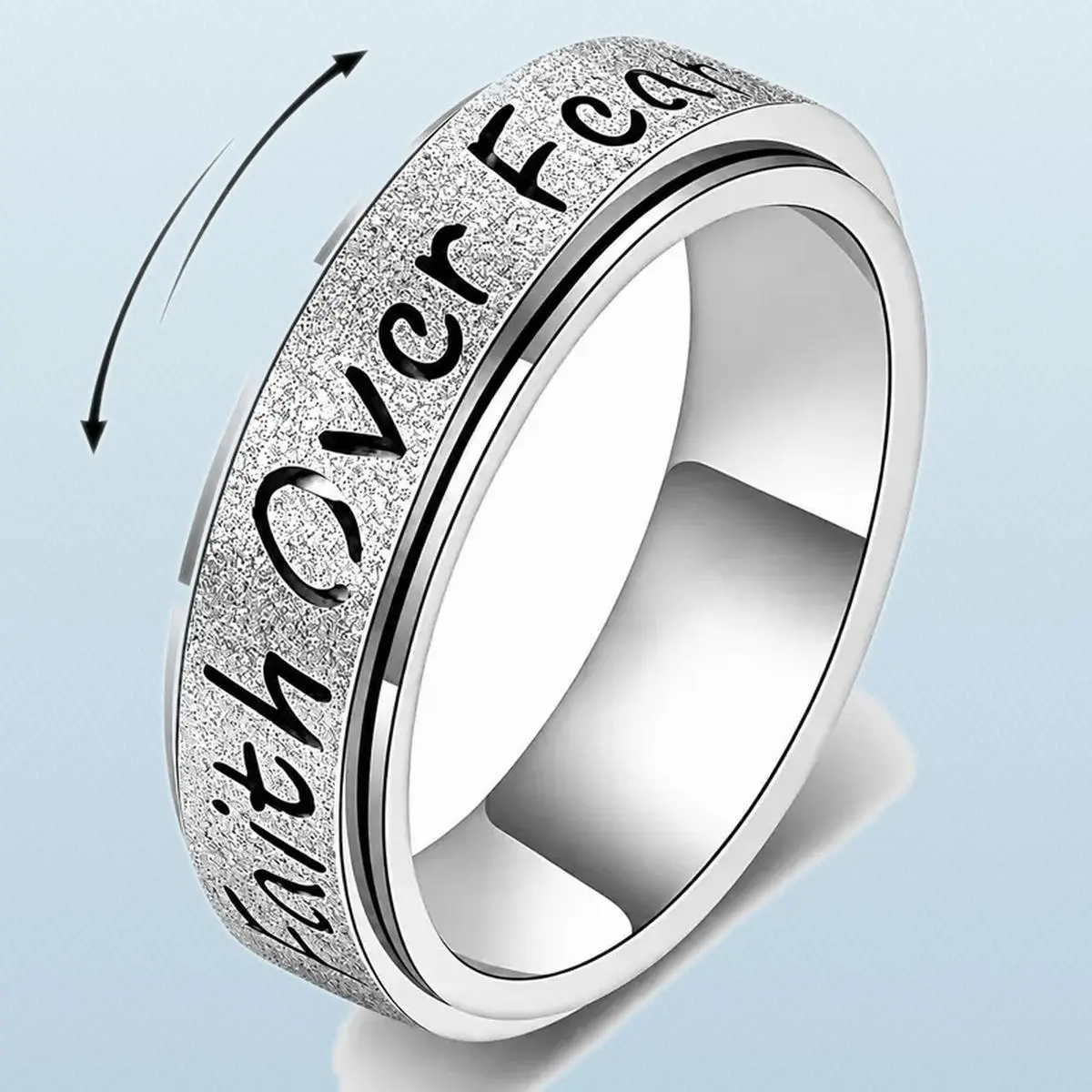Faith Over Fear Spinner Ring, Inspirational Rotating Fidget Band for Women and Men, Gold or Silver, Sizes 6-10
