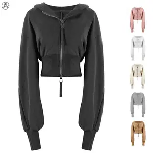 Cropped Hoodie Double Zipper Workout Jacket With Thumb Holes |   Women's Stylish Athletic Crop Top Fabric Womenswear Ziphoodies