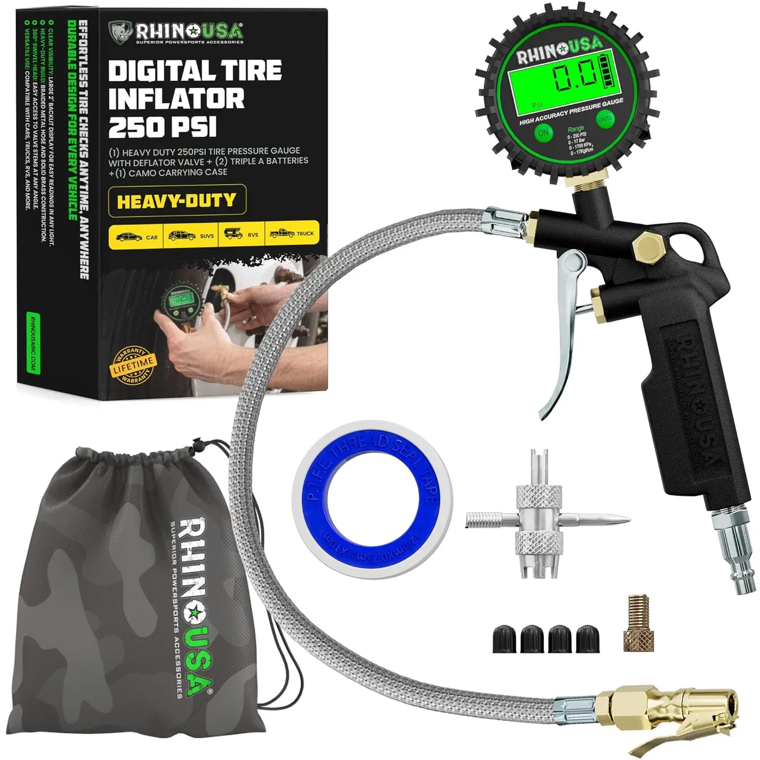 Rhino USA Digital Tire Pressure Gauge with Inflator (250 PSI) Professional Air Chuck & Air Compressor Attachments - High Pressure Tire Gauge with 0.1 Display Resolution
