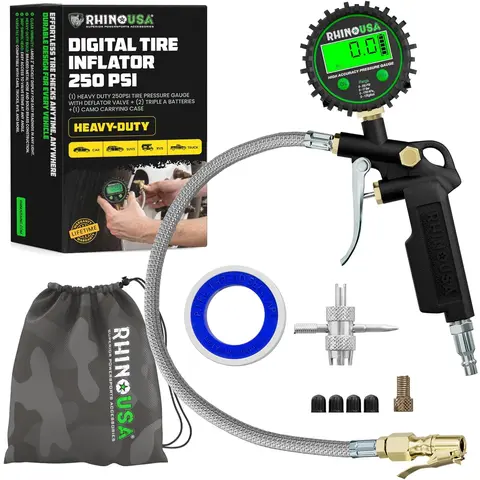 Rhino USA Digital Tire Pressure Gauge with Inflator (250 PSI) Professional Air Chuck & Air Compressor Attachments - High Pressure Tire Gauge with 0.1 Display Resolution