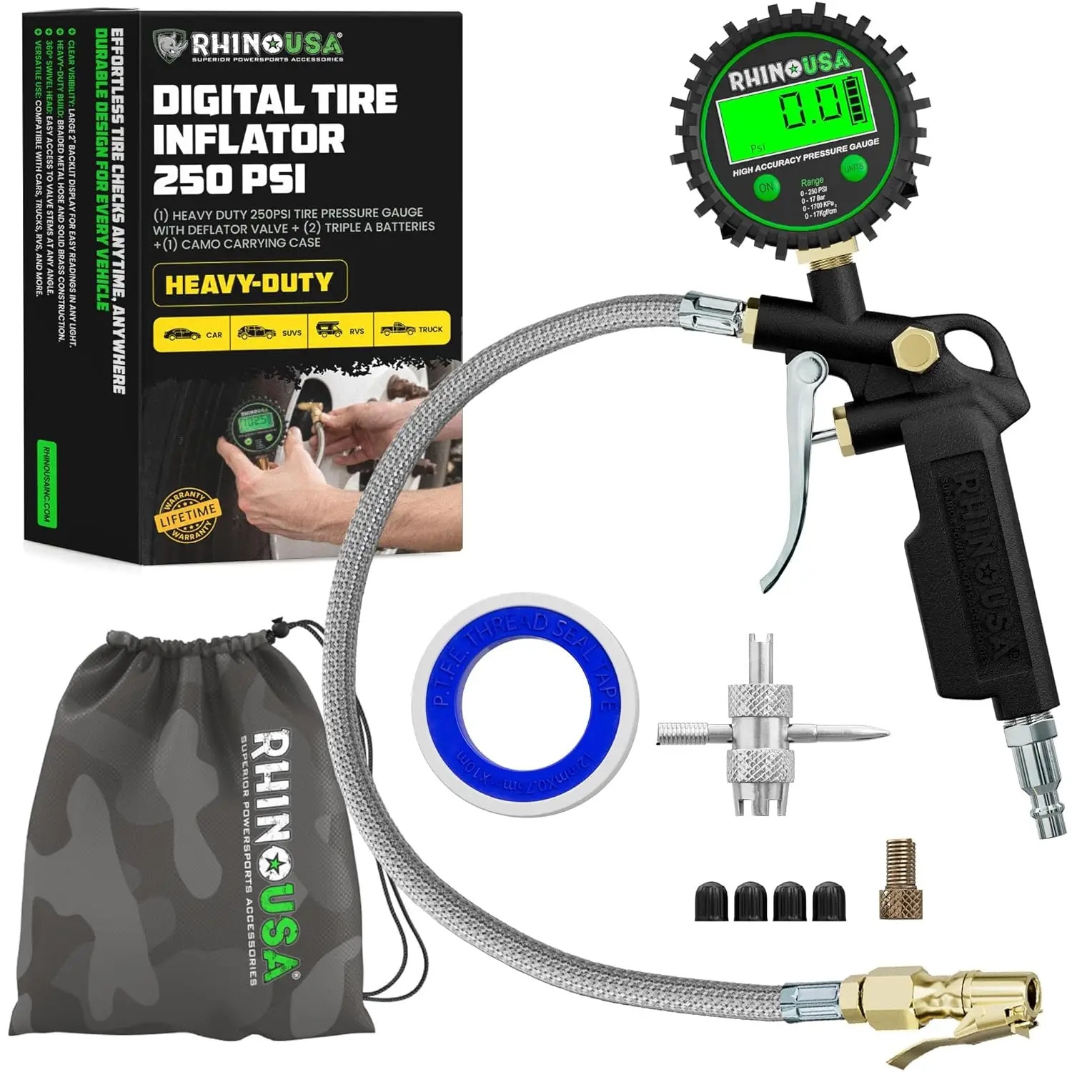 Rhino USA Digital Tire Pressure Gauge with Inflator (250 PSI) Professional Air Chuck & Air Compressor Attachments - High Pressure Tire Gauge with 0.1