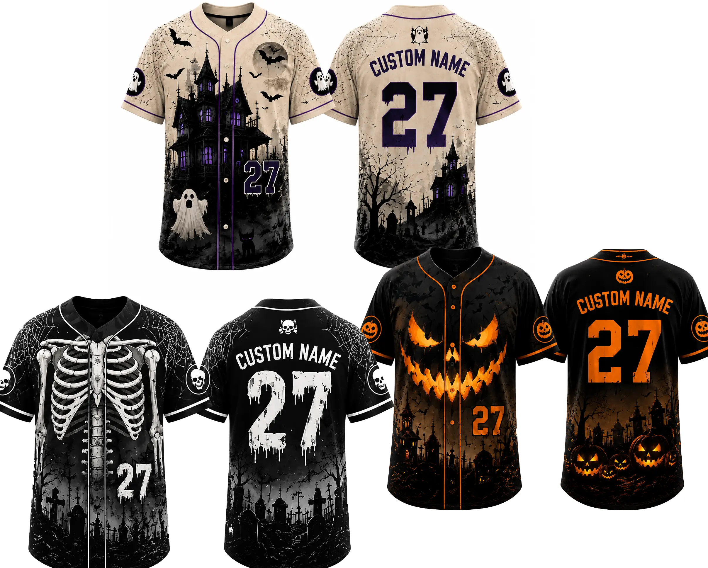Men's Custom Name-Number Haunted House Ghost Baseball Jersey - Spooky Gothic Skeleton Skull Rib Cage Uniform, Halloween Team Party Gift, Trick Or Treat Top