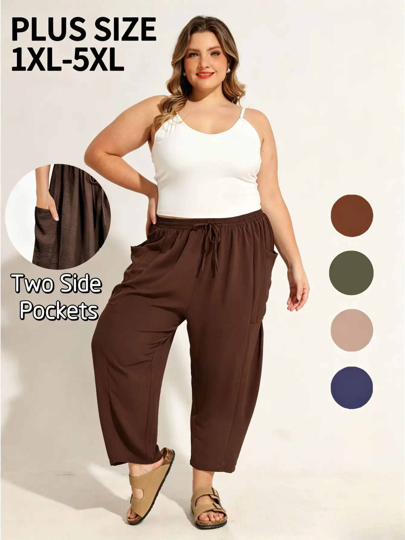 【PlusSize】Pants Womens Summer Palazzo Harem Pants Drawstring Lantern Beach Pant Ankle Vacation Pant with Pockets |Plus Size Fashion Outfits|Apron Belly Friendly PantsXl-5XL Cute Elastic