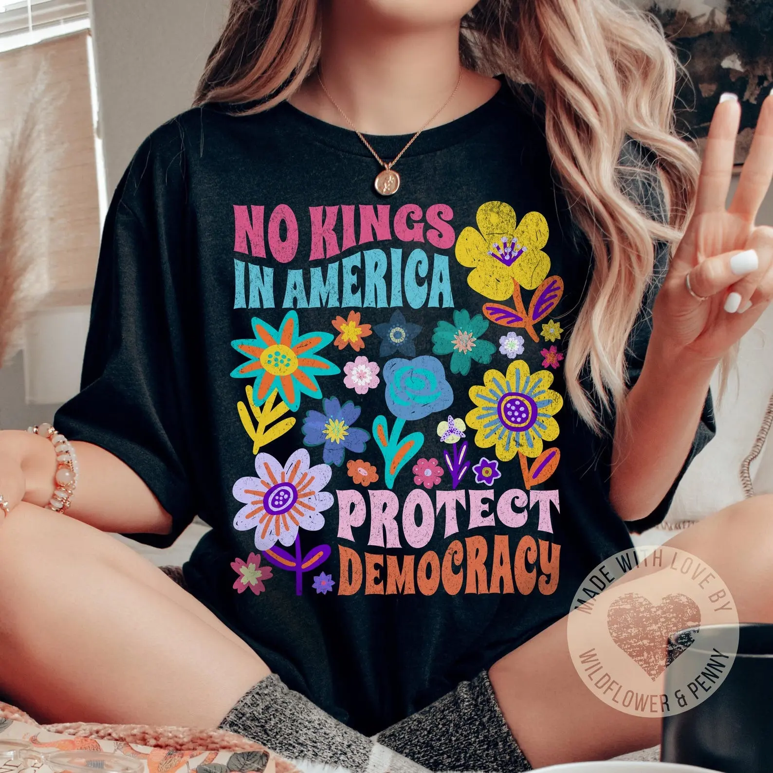 Protect Democracy Floral Tee, No Kings in America Protest Shirt, Political Statement Unisex Shirt, Democrat Gift, Activist Apparel