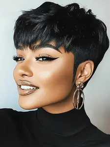 Straight Human Hair Wig for Women Pixie Cut Full Machine Made Wig 150% Density 6 Inch Wig Ideal for Daily Use and Special Occasions like Christmas and New Year Party