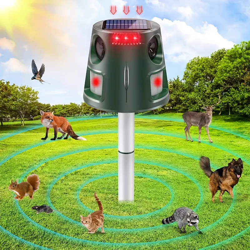 SAIJZEK Ultrasonic Pest Repellent (1pc) - Eco-Friendly Home Pest Control Accessory with 360-Degree All-Round Induction Soundwave Tech, Flashing LED Lights, 2200mAh Batteries, Stake Mount, 12cm Head Width for Birds, Deer, Raccoons (Home Essentials)