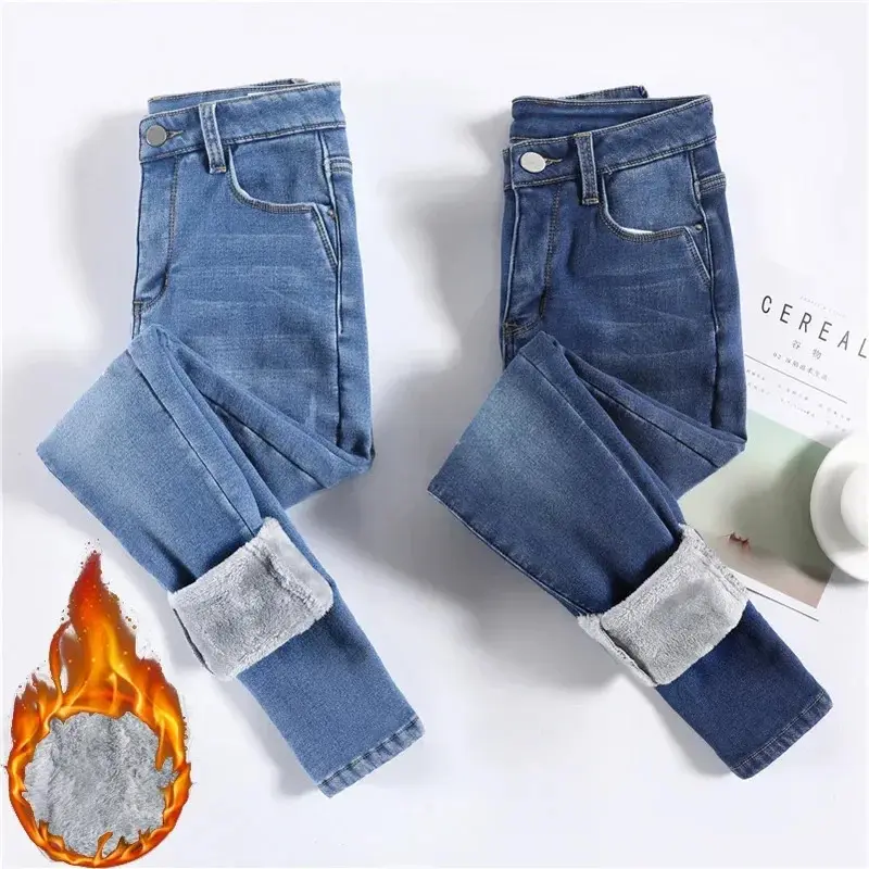 Women Thermal Jeans Winter Snow Warm Thickened Fleece Stretch Skinny Pencil Pants Fashion Korean Slim Fit Plush Pants Denim Tights with High Waist baggy embroidered heavy starched empire raw japanese semi guapi rhinestone uniqlo rise
