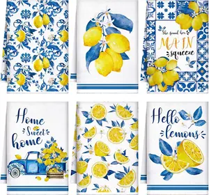 6 count Summer Kitchen Towels 24 x 16 Inch Tiles Lemon  Dishtowels Farmhouse Absorbent Blue Yellow Italian Lemon Hand Bathroom Towel for Holiday Kitchen Bathroom Decor Gifts