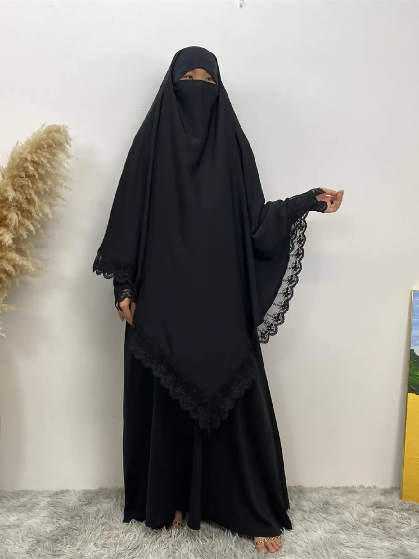 Women's Solid Color Lace Trim Khimar, Modest Fashion Khimar for Daily Wear, Women's Islamic Clothing for All Seasons