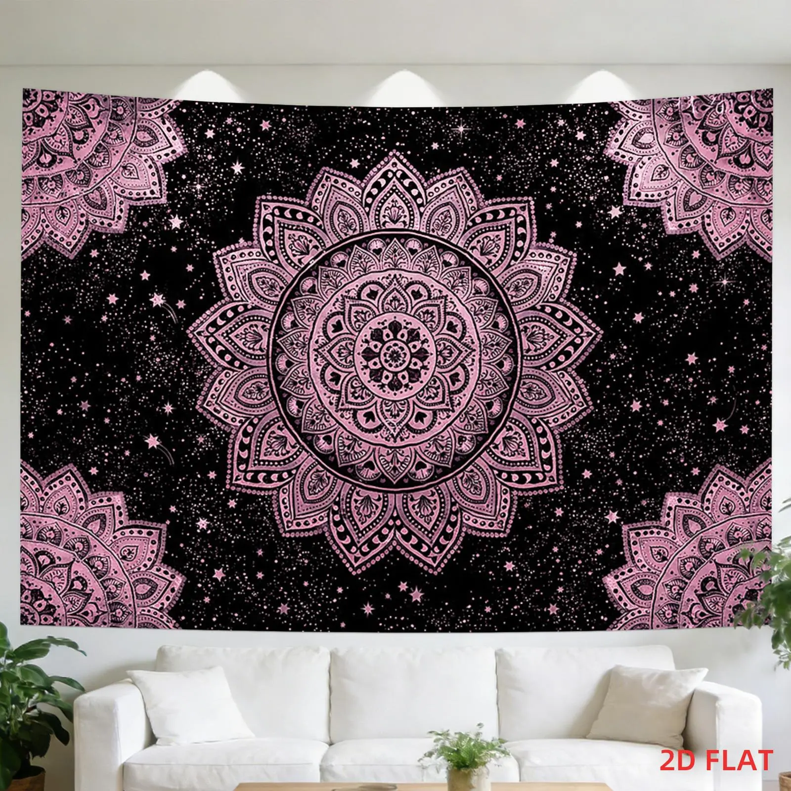 Pink, Black Background, 2D Flat, [2D Flat Printing] 1 Large Size Pattern Printing Tapestry- Mandala, Intricate Design, Star-like Patterns, Room Wall Decoration, Not Luminous, Suitable for Bedroom, Living Room, Meditation Area, Office Hanging, Wall Decor,