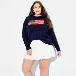 Women's Crewneck American Flag Pullover Sweater - Wild Fable Navy Blue Flags XXL