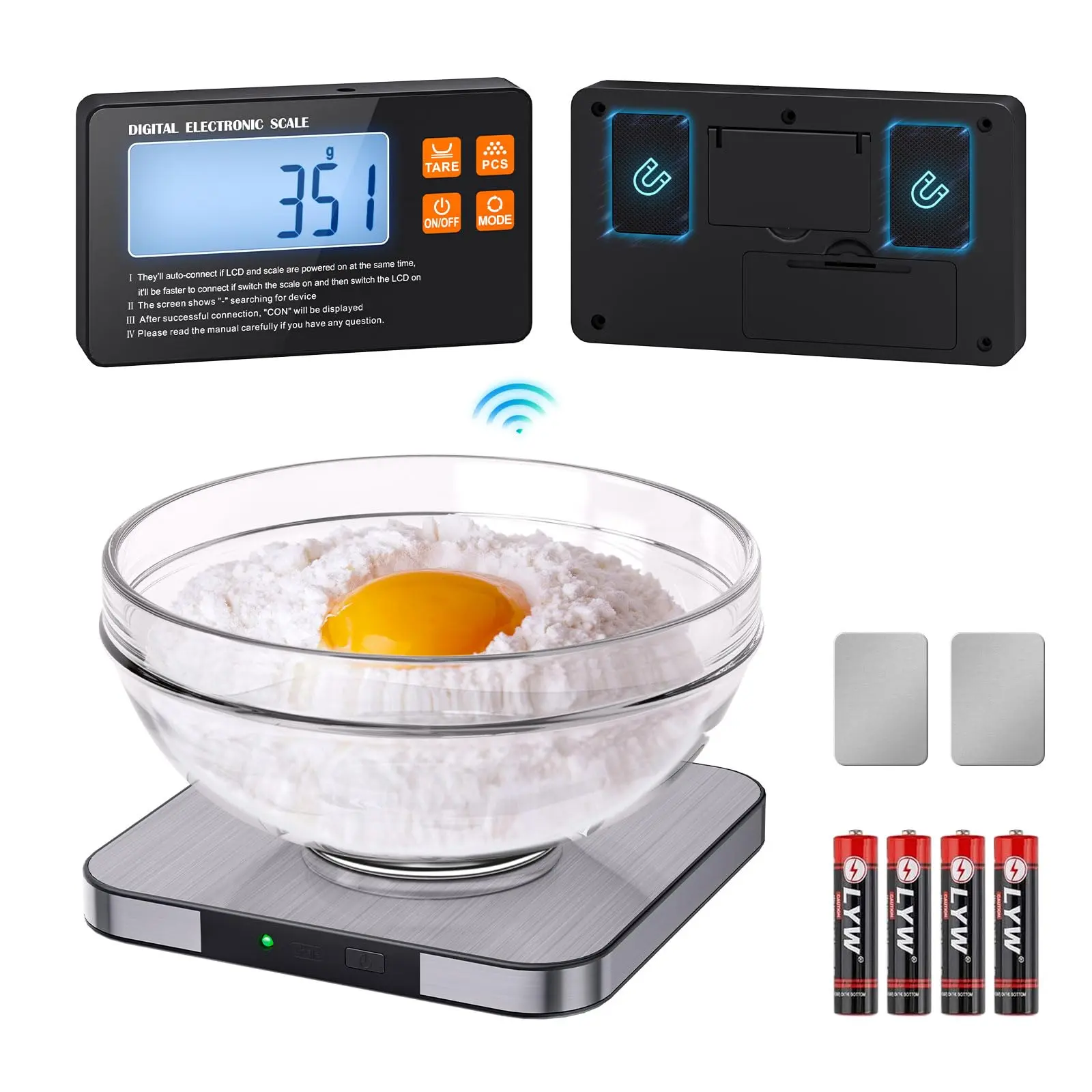 Food Scale With Split Wireless Lcd Display  33lb Digital Kitchen 7 Units Tare Function 0.1oz High Accurate Smart Cooking For Baking/cooking/meal Prep/milk/dieting (silver)