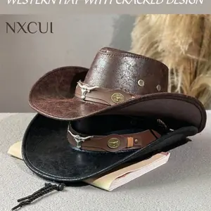 NXCUI Western Cowboy Hat for Men Women, Vintage Cracked Leather Cowboy Hat with Bull Head Decor, Wide Brim Sun Protection Cowboy Hat for Outdoor