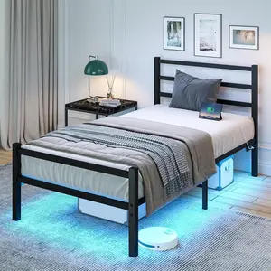 HOMBCK Twin Bed Frame with Heaboard, Mattress not included, LED, Metal Platform Bed Frame, Heavy Duty Steel, No Box Spring Needed