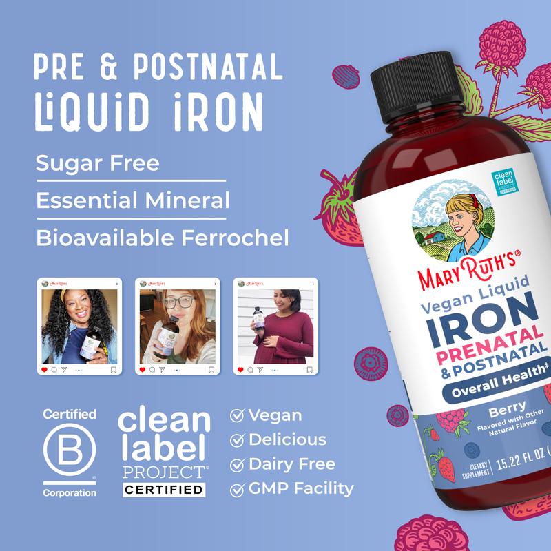 MaryRuth's Prenatal & Posnatal Liquid Iron - Liquid Iron Supplement for Pregnant & Lactating - Immune Support - Sugar Free - Vegan - 15.22 Fl Oz