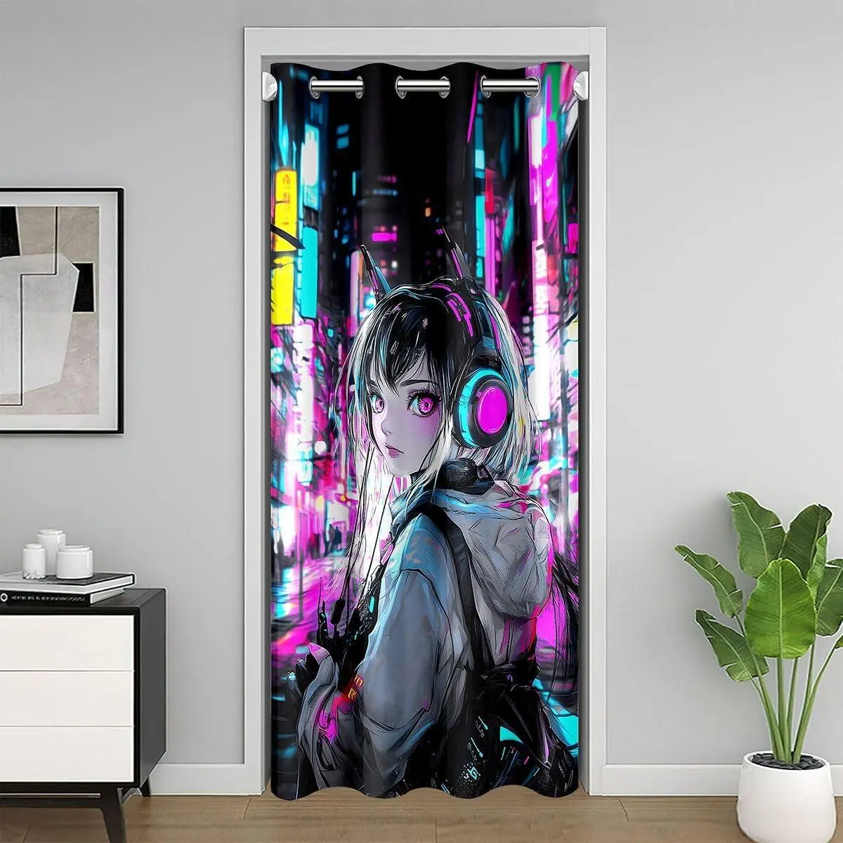 Anime Door Curtain Doorway Privacy,Japanese Style 3D Anime Door Drape,Sci Fi Style Gaming Room Divider Curtain,Hot Pink Colorful Blackout Curtain