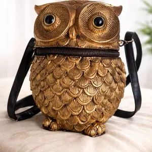 Gold Round Owl Bag #3232 - Unique Compact Design with Detailed Texture and Functional Storage for Artistic Style