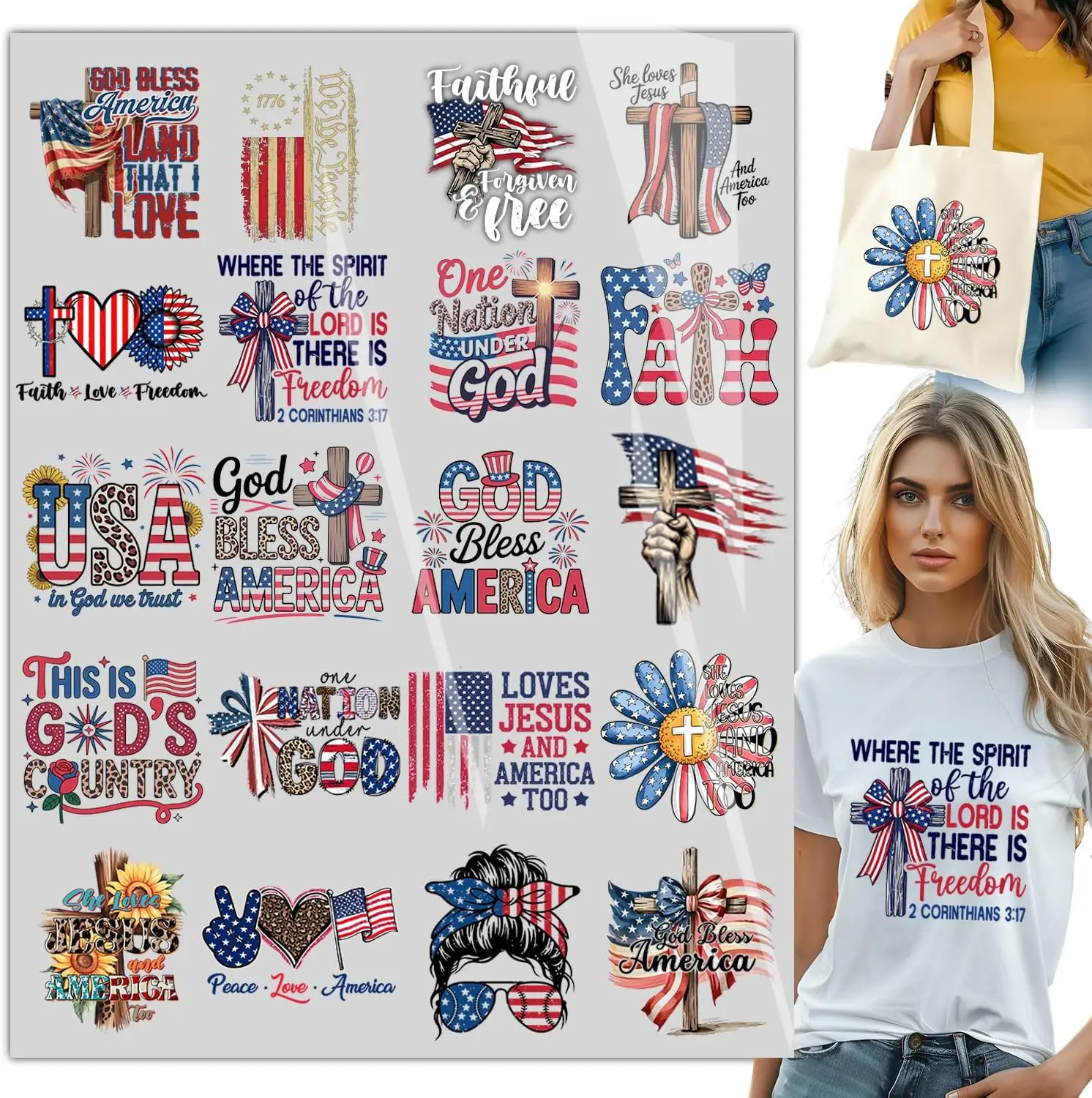 Patriotic DTF Heat Transfer Designs Bundle – 20PCS USA Christian Faith Iron On Transfers for T-Shirts, Tote Bags, 4th of July DIY Ready to Press