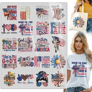 Patriotic DTF Heat Transfer Designs Bundle – 20PCS USA Christian Faith Iron On Transfers for T-Shirts, Tote Bags, 4th of July DIY Ready to Press