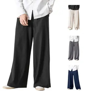Gihuo Mens Cotton Linen Pants Wide Leg Baggy Pants Drawstring Elastic Waist Casual Summer Beach Palazzo Trousers Loose Menswear Breathable Day Shirt Vest White Beige Plain