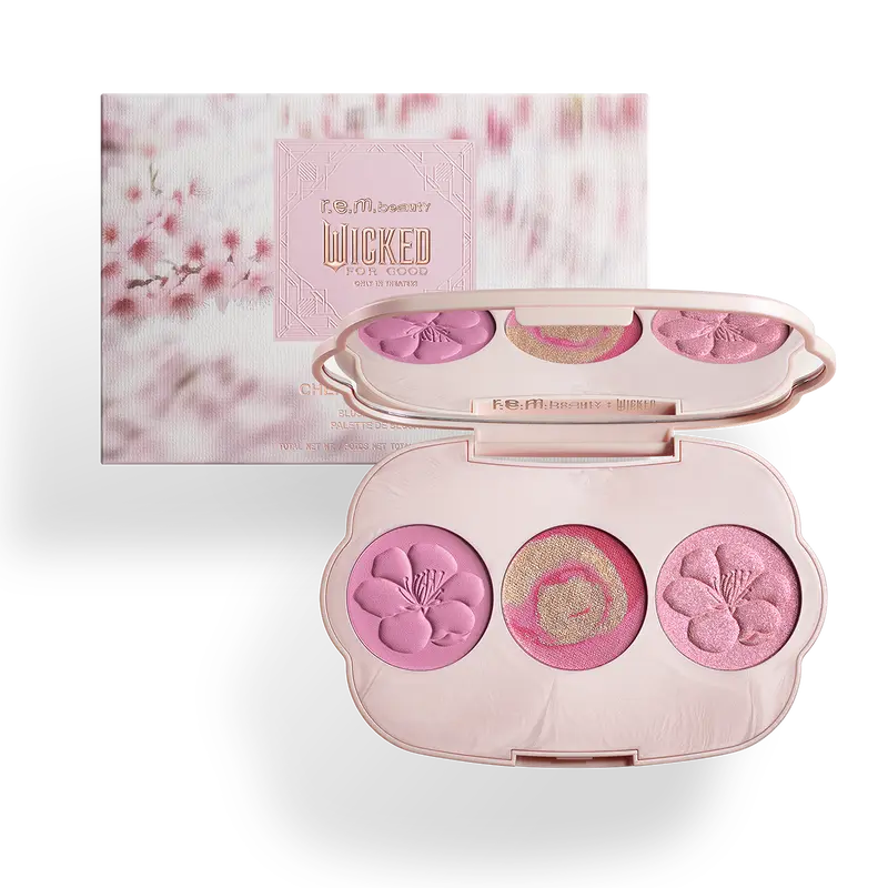 r.e.m. beauty x Wicked: For Good Cherry Blossom Blush Palette - pink and coral, soft floral look, buildable color, clean makeup
