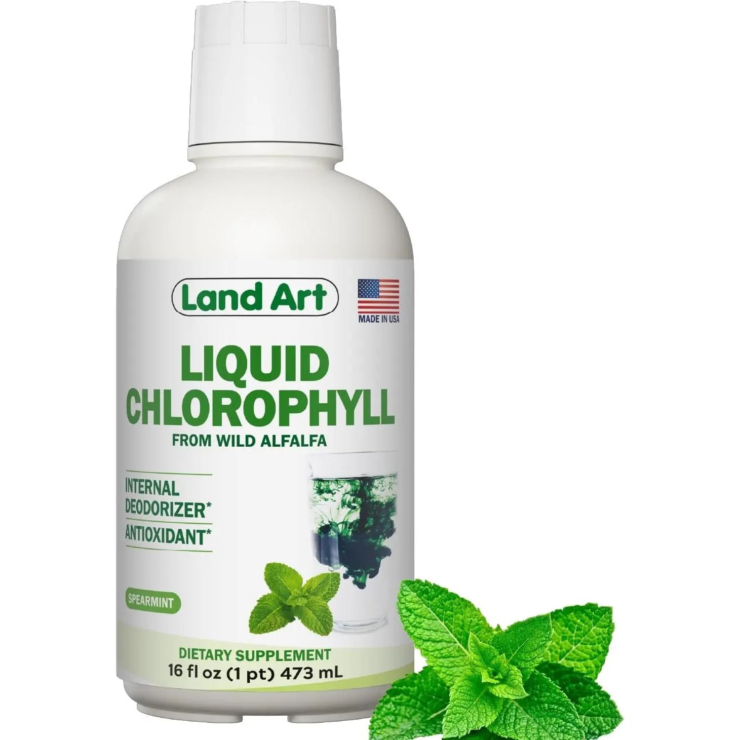 Land Art - Liquid Chlorophyll Mint – Cold-Extracted from Wild Non-GMO Alfalfa – Natural Clorofila Liquida – Antioxidant - Detox Supplement – Boost Energy – Alkalizing & Body Odor Neutralizer – 16 floz