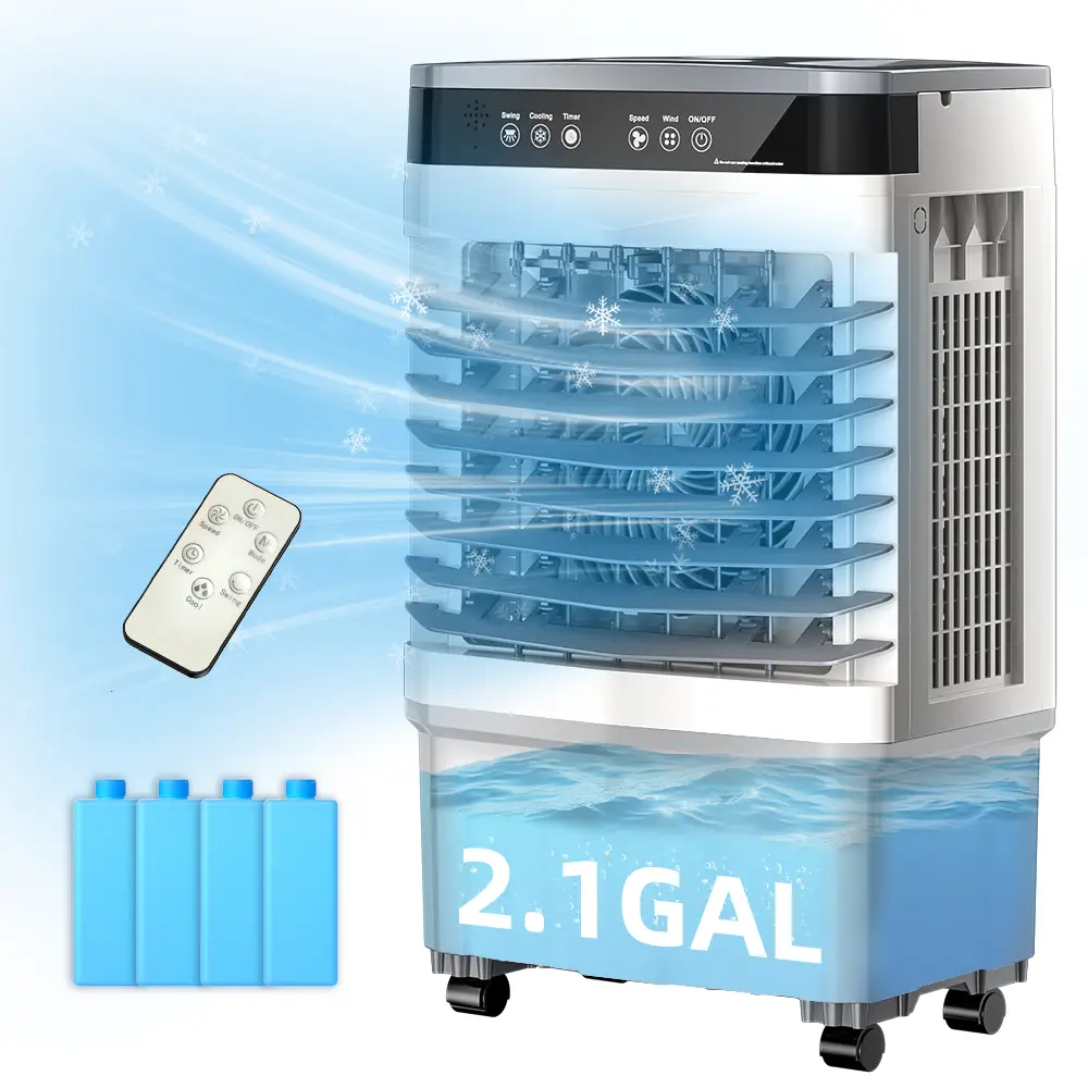 Evaporative Air Cooler with 12H Timer,4 Ice Packs ,2.1Gal Water Tank, Portable Cooling Fan 3 Speeds, 120°Oscillation,Smart Remote,Swamp Cooler for Roo