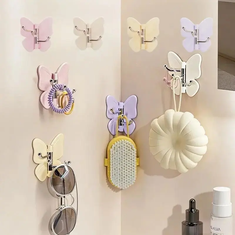 Rotatable Butterfly 3-Hook No-Drill Strong Self-Adhesive Corner Organizer, Heavy-Duty Waterproof Removable Wall-Mounted Hooks & Rails for Bathroom, Kitchen, Towels Clothes Utensils Bags Keys-MM1 (Wall Attachable, Bag Holder), Wall Attachable Hooks & Rail