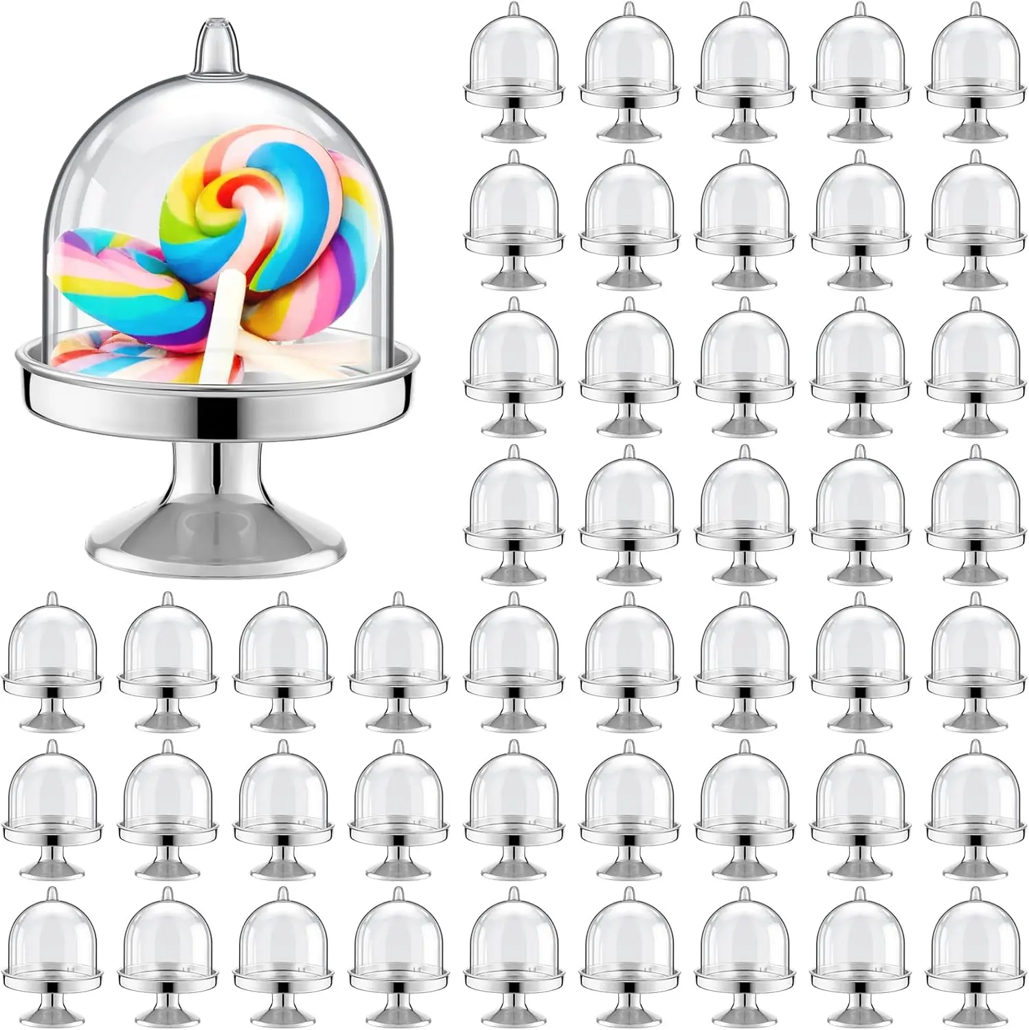 24 Pcs Plastic Mini Cake Stand with Dome Lid Cover Clear Small Cupcake Display Holder Crystal Pedestal Stand Chocolate Candy Dessert Containers for Wedding Birthday Party (Silver)