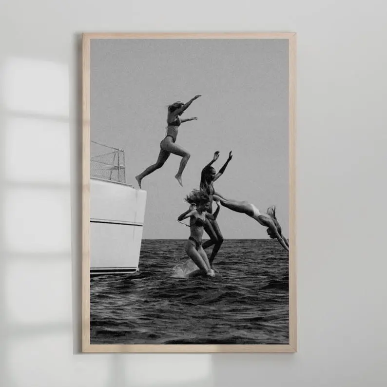 Surfer Chick Wall Poster, Fashion Print, Black and White, Vintage Photo, Summer Poster, Beach House Decor, Beach Decor, Modern Art, Surf Art  UNFRAMED