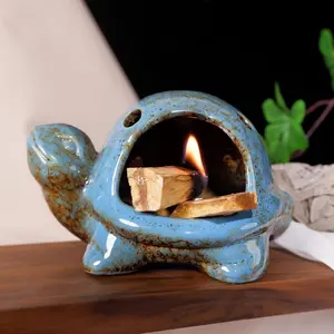 Blue Ceramic Turtle Palo Santo Burner - Mini Chiminea, Burns Palo Santo,Sage,Incense Cones, Doubles as Small Candle Holder for Energy Cleansing,Yoga,Meditation,Zen,Altar Aromatherapy