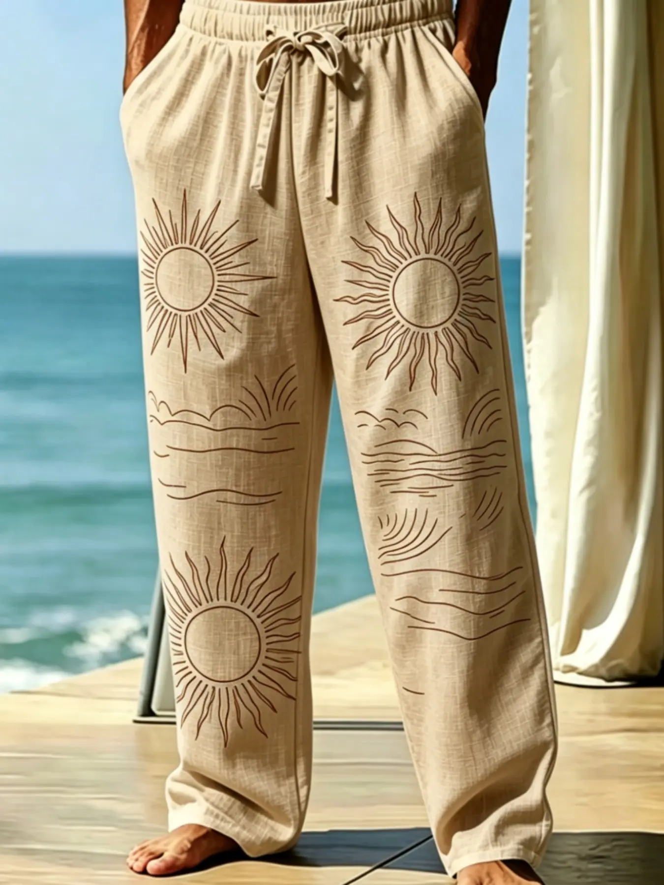Men's Ethnic Boho Print Linen Pants, Loose-Fitting Long Beachwear, Holiday Style, All Seasons, Casual Men's Trousers, Boho Festival Trousers