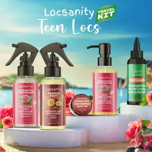 Locsanity Teen Locs Travel Sample Kit 2-in-1 Shampoo & Conditioner Hair Oil Passion Fruit Moisturizing Spray Rosewater Peppermint Tightening Black Hawaiian Sea Salt Liquid Edge Gel Nourishing Cleanser