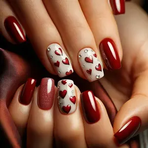 Romantic Red Heart Press On Nails | CurvLife Nail | 24pcs Medium Square Fake Nails | Glossy Finish with Sparkling Red Hearts & Deep Romantic Hues | Easy to Apply, Comfortable & Long-Lasting | Great for Dates, Parties, Anniversaries & Romantic