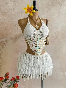 Street Style Tie-Dye Fringe Two-Piece Set, Blue- Gradient Tie-Dye, Short Waist-High Skirt, Fitted Crop Top, Nightclub Music Festival Womenswear Clothes, Fashion Style Sets