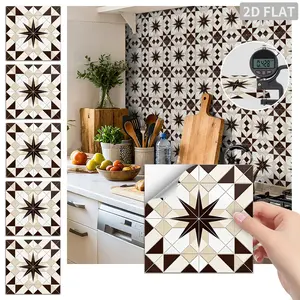 24PCS FHZ Dark Brown Octagon Star Geometric Vintage Tile Stickers PET Matte Peel and Stick Backsplash Waterproof Oil Proof Wall Decor for Kitchen Bathroom