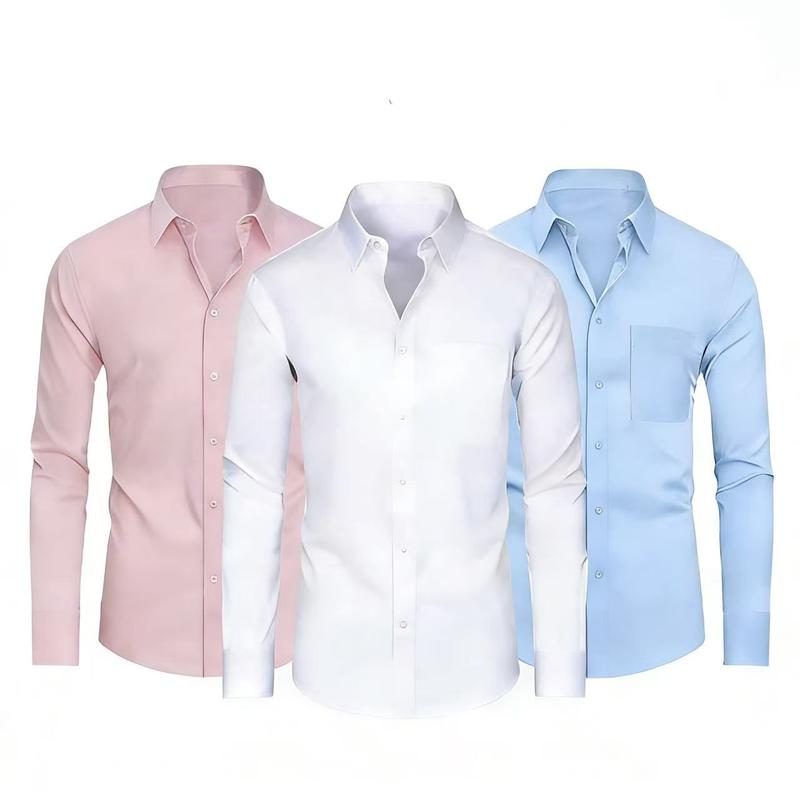 3-Piece Set Stretch and stain-resistant shirt, unisex.Shirts4-way Stretch Long Sleeve Collared Solid Wedding Dating Button Down Shirts Business Casual Breathable Outfits Menswear black logo